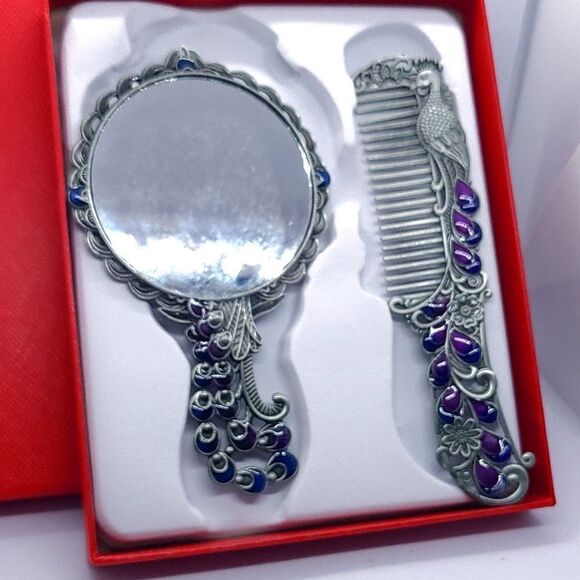 Vintage Peacock Mirror Comb Gift Set Antiqued Rhinestone Regency Vanity Boxed main image 8
